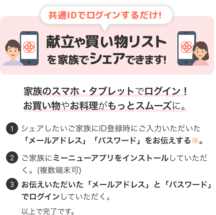 共通IDでログインするだけ!献立や買い物リストを家族でシェアできます!